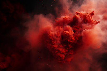 abstract background with red smoke and splashes of powder. explosion of red powder on a dark background. Colored cloud. Colorful dust explodes. Holi paint,の素材