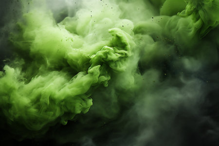 abstract background with green smoke and splashes of powder. explosion of green powder on a dark background. Colored cloud. Colorful dust explodes. Holi paint,の素材