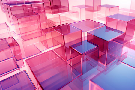 Translucent neon cubes with gradient multicolor reflections. 3D abstract illustration. The background can be used as wallpaper for posters and banners.の素材