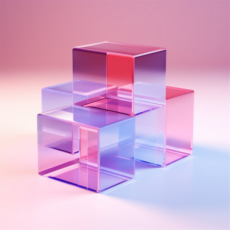 Translucent neon cubes with gradient multicolor reflections. 3D abstract illustration. The background can be used as wallpaper for posters and banners.の素材