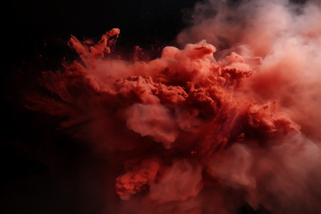 abstract background with red smoke and splashes of powder. explosion of red powder on a dark background. Colored cloud. Colorful dust explodes. Holi paint,の素材