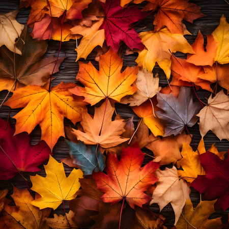 Autumn background from lying colorful fallen tree leaves. Wallpaper and screen. Natural seasonal color background, top view.の素材