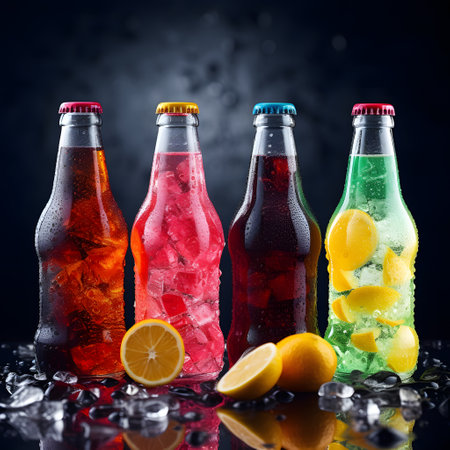 Soda bottles containing liquids of different colors lined up in a row. Colorful cocktail bottles surrounded by shiny ice cubes and fruit create a refreshing atmosphere.の素材