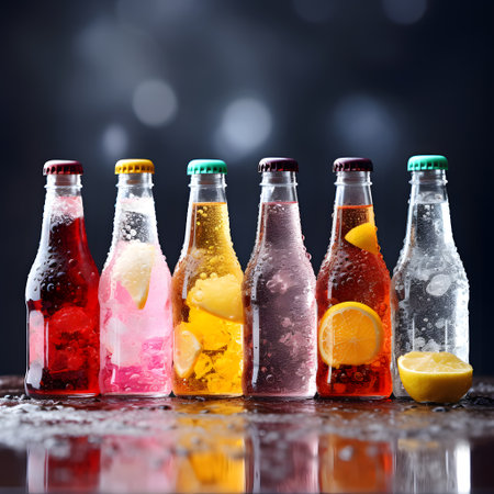 Soda bottles containing liquids of different colors lined up in a row. Colorful cocktail bottles surrounded by shiny ice cubes and fruit create a refreshing atmosphere.の素材