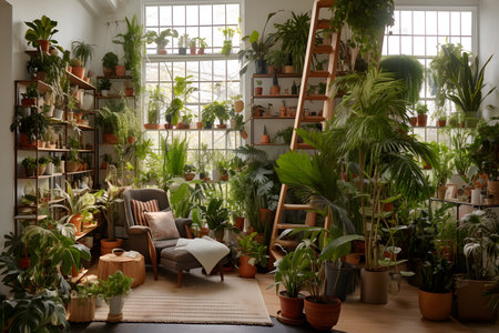A room with a shelf with plants and a window through which the sun shines. Flower garden.の素材