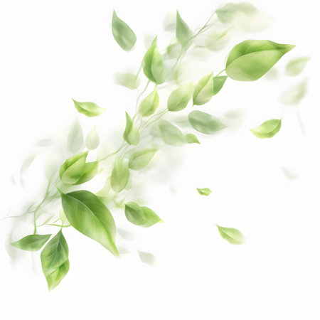 Falling green leaves isolated on a white background. Spring foliage movement concept.の素材