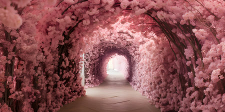A beautiful tunnel of blossoming cherry trees. Road through the cherry blossom garden. Sakura. Wallpaper for screens.の素材