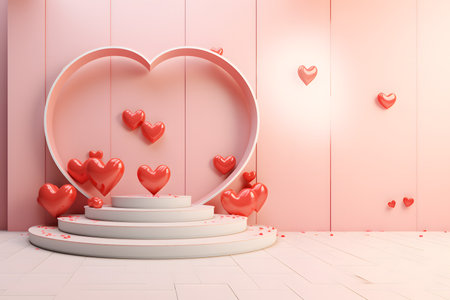 3D rendering of a pink podium with a heart shaped gift box for a Valentine's Day surprise. Stand for goods, showcases and magazines.の素材