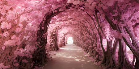 A beautiful tunnel of blossoming cherry trees. Road through the cherry blossom garden. Sakura. Wallpaper for screens.の素材