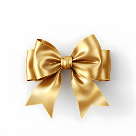 Large beautiful bow in yellow gold color on a white background. Can be used for holiday greeting, Christmas card, wedding invitation.の素材