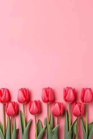 Many red tulips arranged in a row on a plain background. Postcard for the holidays.の素材