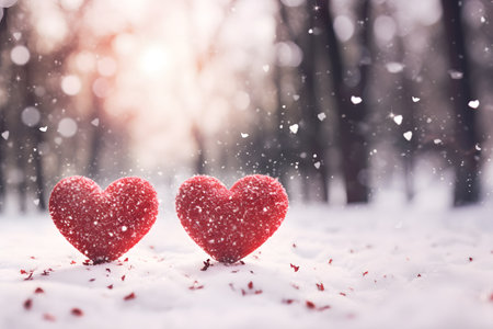 Red hearts on the snow in the winter forest. Happy Valentine's Day greeting card or banner.の素材