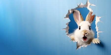 A curious Easter bunny looks out of a hole in a blue wall. congratulatory banner. cute bunny. blue background and space for textの素材
