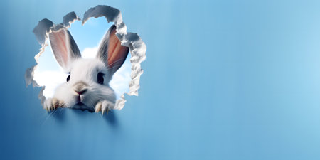 A curious Easter bunny looks out of a hole in a blue wall. congratulatory banner. cute bunny. blue background and space for textの素材