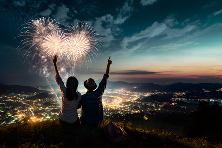 happy couple sits on the mountain and watches the fireworks and the night city, landscape of the night city with fireworksの素材