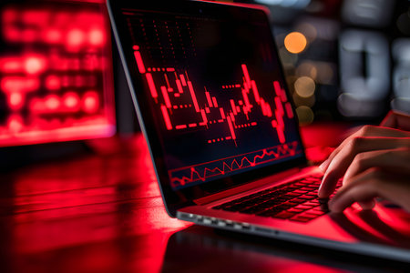 working on a laptop at the stock exchange, tense situation at the stock exchange, the concept of risks in work, the atmosphere in red colors, a person analyzes the risksの素材