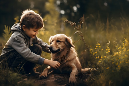 a boy sits next to a cute dog in the forest, a friendly environment, friendship between a boy and a dogの素材