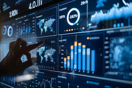 Man's hand on the background of a touch screen with information and statistics, a man solves problems on a high-tech screen, modern technology illustration, hard work conceptの素材