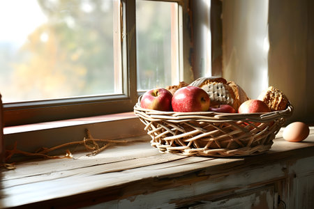 a wicker basket with apples and bread stands on a birch table in the sun, illustration of a basket with food in an old cozy kitchen,の素材