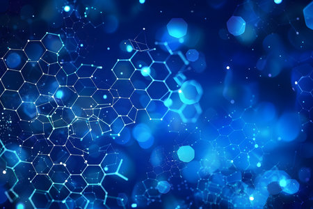 Abstract dark background with blue glowing neon hexagons, abstract background 3D image, geometric shapesの素材