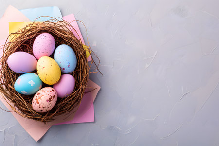 pastel Easter eggs in a nest on a gray background, Easter background, space for textの素材