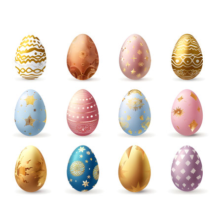 illustration of a collection of various Easter eggs on a white background, collection of designs for Easter eggs on a white backgroundの素材