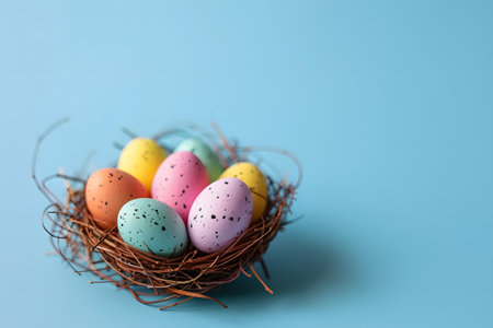 Easter eggs on a colored background, a nest with Easter eggs of different colors on a blue paper background, a bright Easter background with space for text, Easter eggsの素材