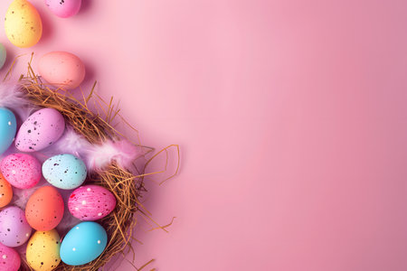 Easter eggs on a colored background, nest with Easter eggs of different colors on a pink paper background, bright Easter background with space for text, Easter eggsの素材