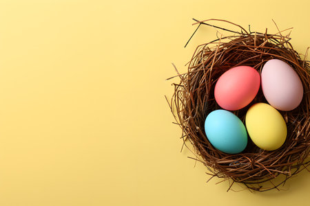 Easter eggs on a colored background, a nest with Easter eggs of different colors on a yellow paper background, a bright Easter background with space for text, Easter eggsの素材