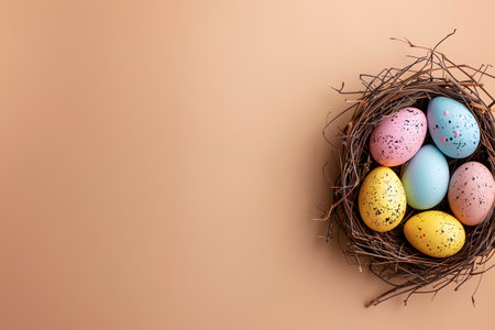 Easter eggs on a colored background, nest with Easter eggs of different colors on a beige paper background, bright Easter background with place for text, Easter eggsの素材