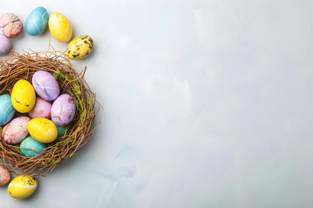 pastel Easter eggs in a nest on a gray background, Easter background, space for textの素材