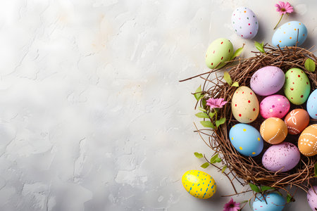 pastel Easter eggs in a nest on a gray background, Easter background, space for textの素材