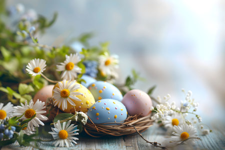 pastel Easter eggs and flowers on a gray background, Easter background, space for text, Easter eggsの素材