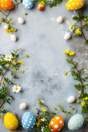 pastel Easter eggs and flowers on a gray background, Easter background, space for text, Easter eggsの素材