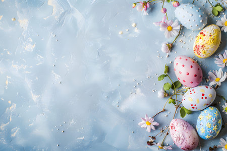 pastel Easter eggs and flowers on a blue background, Easter background, space for text, Easter eggsの素材