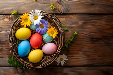 illustration of a nest with colorful Easter eggs and flowers on a background of wooden boards, top view, Easter background with space for text, Easter backgroundの素材