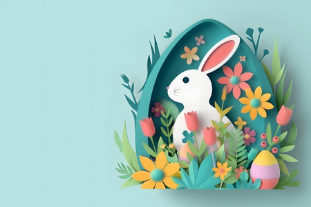 Happy Easter card in papercraft style, 3D background made of cut paper in the shape of a rabbit and Easter eggs on a blue background, 3D paper Easter backgroundの素材