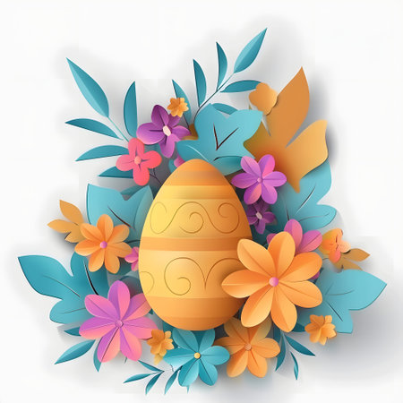 Happy Easter card in papercraft style, 3D cut paper object in the shape of Easter eggs and flowers on a white background, 3D paper Easter backgroundの素材