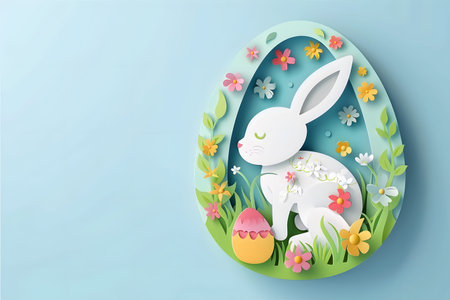 Happy Easter card in papercraft style, 3D background made of cut paper in the shape of a rabbit and Easter eggs on a blue background, 3D paper Easter backgroundの素材