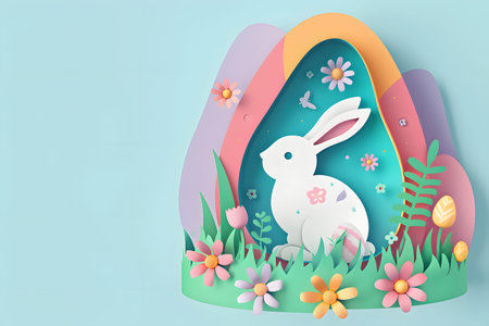 Happy Easter card in papercraft style, 3D background made of cut paper in the shape of a rabbit and Easter eggs on a blue background, 3D paper Easter backgroundの素材