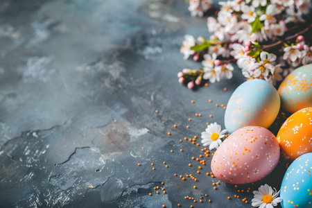 pastel Easter eggs and flowers on a gray background, Easter background, space for text, Easter eggsの素材
