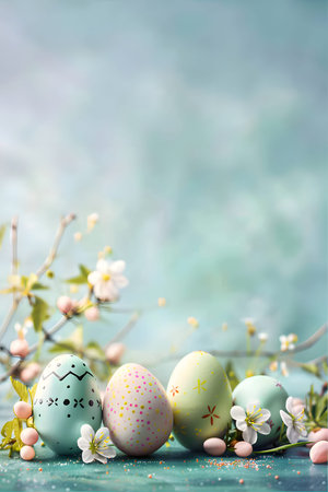 pastel Easter eggs and flowers on a blue background, Easter background, space for text, Easter eggsの素材