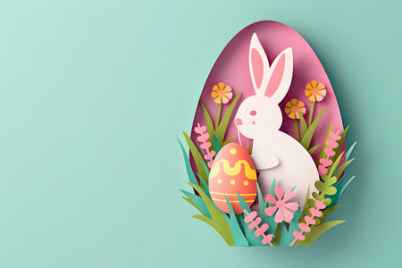 Happy Easter card in papercraft style, 3D background made of cut paper in the shape of a rabbit and Easter eggs on a blue background, 3D paper Easter backgroundの素材