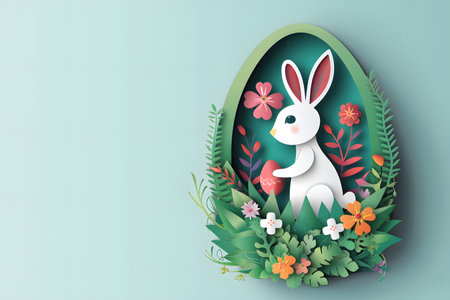 Happy Easter card in papercraft style, 3D background made of cut paper in the shape of a rabbit and Easter eggs on a blue background, 3D paper Easter backgroundの素材