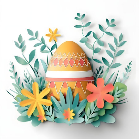 Happy Easter card in papercraft style, 3D cut paper object in the shape of Easter eggs and flowers on a white background, 3D paper Easter backgroundの素材
