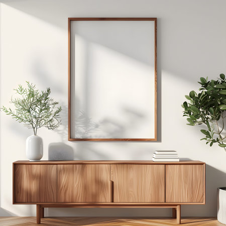 vertical frame mockup in modern interior with chest of drawers and plants. Empty frame over a wooden chest of drawers with beautiful decor. modern style, frame mockup, 3d renderingの素材