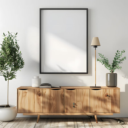 vertical frame mockup in modern interior with chest of drawers and plants. Empty frame over a wooden chest of drawers with beautiful decor. modern style, frame mockup, 3d renderingの素材