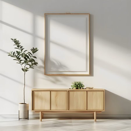 vertical frame mockup in modern interior with chest of drawers and plants. Empty frame over a wooden chest of drawers with beautiful decor. modern style, frame mockup, 3d renderingの素材