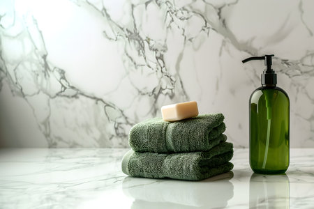 An illustration of a shampoo bottle next to towels stands on a marble background in green shades. bathroom accessories. bottle of care product without insert label. modern designの素材