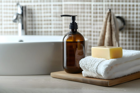 An illustration of a shampoo bottle next to towels standing in the bathroom near the sink. bathroom accessories. bottle of care product without insert label. modern designの素材